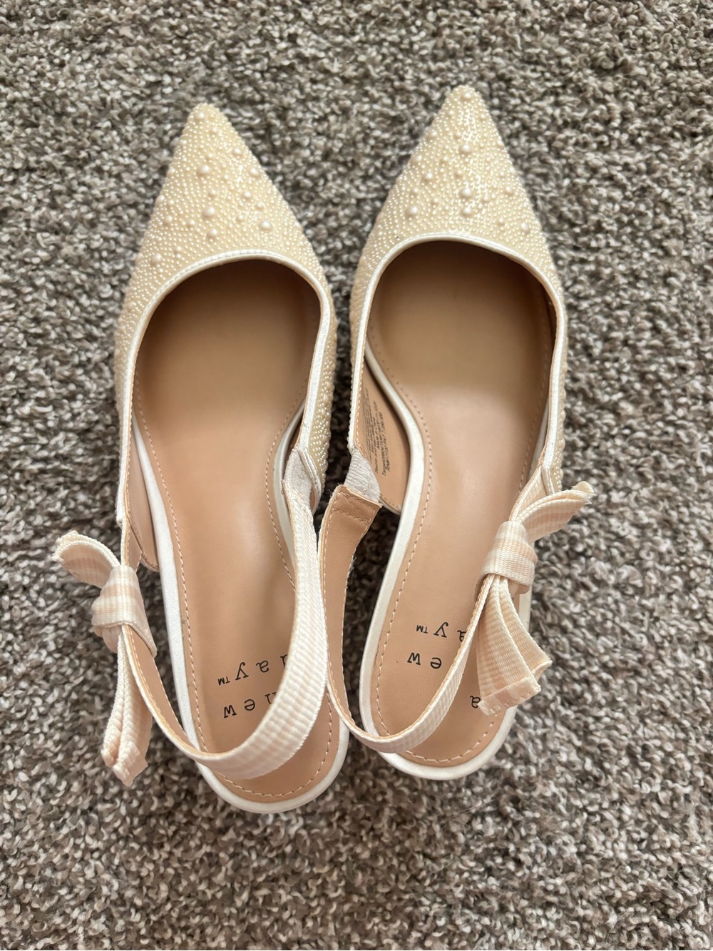 Pearl-Embellished Cream Pointed Slingback Flats